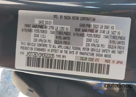 2021 Mazda Cx-9 Carbon Edition z USA, uszkodzony, nr VIN JM3TCBDY0M0522205